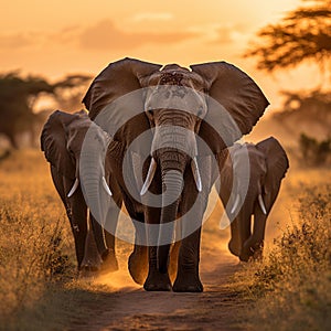 Majestic African Elephants Gracefully Roaming the Serengeti Grasslands