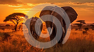 Majestic African Elephants Grazing in Serengeti