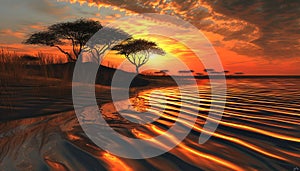 Majestic African landscape tranquil sunset paints ripples on sand