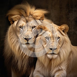 Majestic African lion couple loving pride of the jungle - Mighty wild animal of Africa in nature. Generated AI