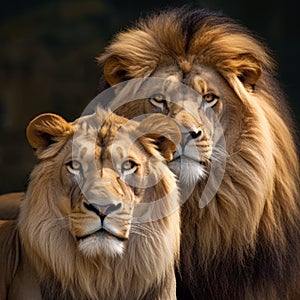 Majestic African lion couple loving pride of the jungle - Mighty wild animal of Africa in nature. Generated AI