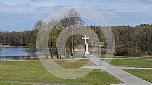 Majestic Aglona Cathedral in Latvia. White Chatolic Church Basilica Park Sculpture.