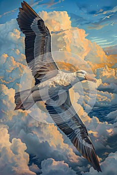 Majestic Albatross Soaring High in the Sky Amidst Fluffy Clouds at Sunset