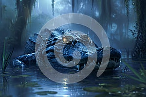 Majestic Alligator Lurking in Swampy Waters under Moonlight with Vivid Nature Background