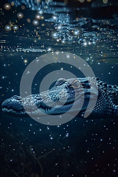 Majestic Alligator Submerged in Water Under Starry Night Sky, Wild Reptile in Natural Habitat