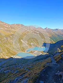 Majestic alpine landscape view of Ãœssers Barrhorn, Weisshorn and Bishorn covered by Brunegg glaciers in Swiss Alps, Wallis,