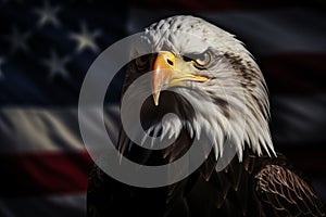 Majestic american bald eagle with outstretched wings perched on grunge flag background