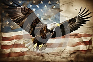 Majestic american bald eagle perched on grunge american flag, symbolizing patriotism and freedom