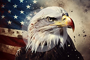 Majestic american bald eagle perched on grunge flag, symbolizing freedom and patriotism