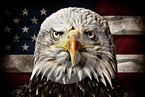 Majestic american bald eagle perched on grunge american flag with a vintage and weathered look
