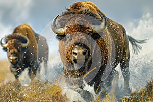 Majestic American Bison on the Move Through Grasslands with Dynamic Sky Background