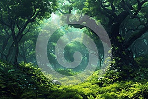 Majestic Ancient forest sun light. Generate Ai