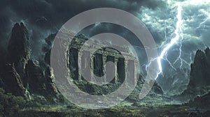 A majestic ancient temple weathered and partially ruined stands defiantly amidst a raging storm Lightning strikes in the photo