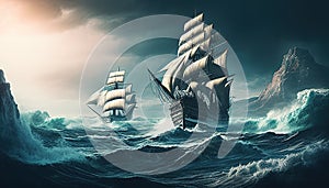 Majestic ancient warships braving turbulent seas, on voyage to conquer