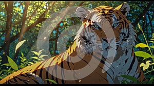 Anime Tiger in Jungle with Rays of Magical Light photo