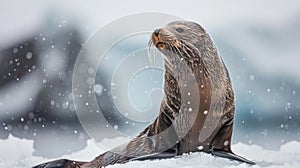 Majestic antarctic seal swimming elegantly near a sea lion relaxing on the icy shoreline