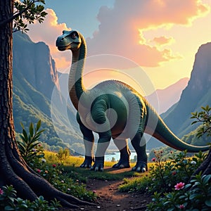 Majestic apatosaurus, misty dawn, tranquil valley, fog, illustration photo