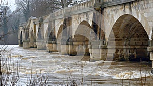 The majestic arches of an ancient bridge ly visible under the rushing floodwater representing both the engineering