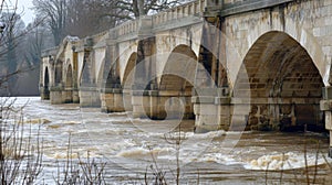 The majestic arches of an ancient bridge ly visible under the rushing floodwater representing both the engineering photo
