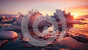 Majestic arctic landscape frozen water reflects sunset on snow covered mountains generated by AI