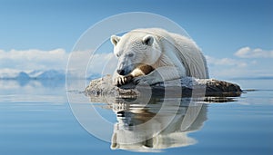 Majestic arctic mammal sitting on snowy mountain, looking at camera generated by AI