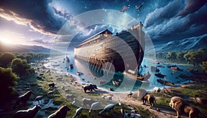 Majestic Ark in Fantastical Landscape with Diverse Wildlife and Impending Storm