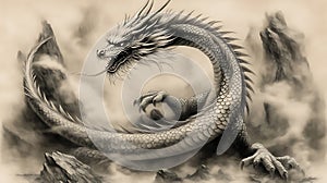 Majestic Asian Dragon Among Misty Mountains photo