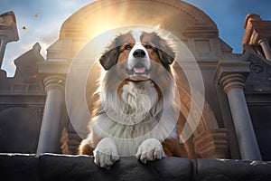 Majestic Australian Shepherd dog in front of classic architecture, bathed in sunlight. Tri-colored Aussie with a regal
