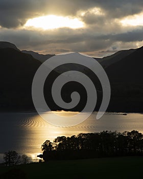 Majestic Autumn Fall landscape image of view from Castlehead in Lake District over Derwentwater towards Catbells and Grisedale