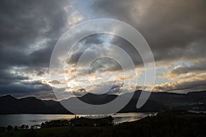 Majestic Autumn Fall landscape image of view from Castlehead in Lake District over Derwentwater towards Catbells and Grisedale