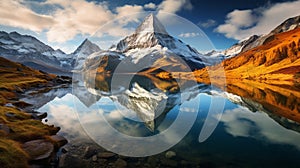 Majestic autumn view of Bachalpsee lake with Schreckhorn and Wetterhorn peaks reflected in the water.