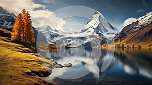 Majestic autumn view of Bachalpsee lake with Schreckhorn and Wetterhorn peaks reflected in the water.