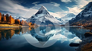 Majestic autumn view of Bachalpsee lake with Schreckhorn and Wetterhorn peaks reflected in the water.