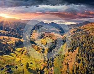 Majestic autumn view from flying drone of Bystrets` village.