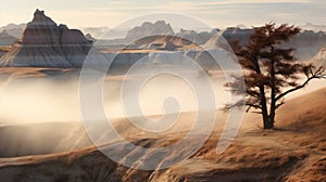 Majestic Badlands: A Bucolic Western Art Landscape With Mist And Silhouettes