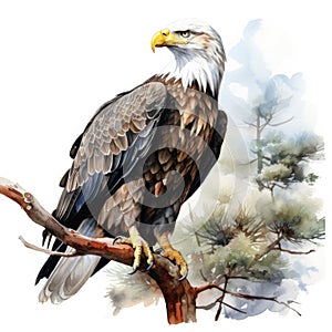 Majestic bald eagle on a branch - detailed watercolor illustration