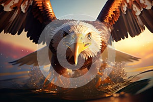 Majestic Bald Eagle Descending into Natural Habitat at Golden Hour, Hyperrealistic 3D Render Made with Generative AI
