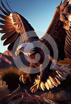 Majestic Bald Eagle Descending into Natural Habitat at Golden Hour, Hyperrealistic 3D Render Made with Generative AI