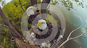 Majestic Bald Eagle Family in Nest Overlooking a Forest