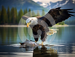 majestic bald eagle feasting on a freshly caught fish