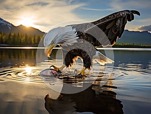 majestic bald eagle feasting on a freshly caught fish