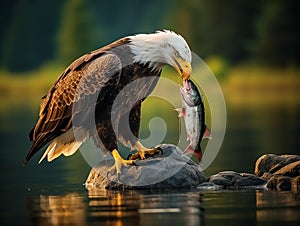 majestic bald eagle feasting on a freshly caught fish