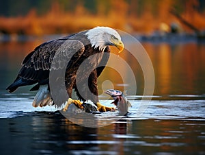 majestic bald eagle feasting on a freshly caught fish