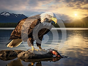 majestic bald eagle feasting on a freshly caught fish