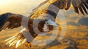 Majestic bald eagle in flight over autumn landscape at sunset