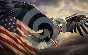 Majestic Bald Eagle Flying in Front of the American Flag. Generative ai