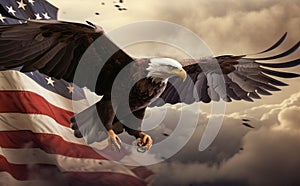 Majestic Bald Eagle Flying in Front of the American Flag. Generative ai