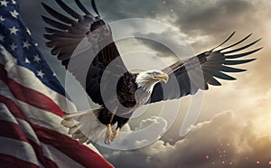 Majestic Bald Eagle Flying in Front of the American Flag. Generative ai