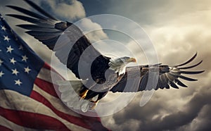 Majestic Bald Eagle Flying in Front of the American Flag. Generative ai