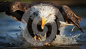 Majestic bald eagle flying, hunting fish, fierce and free generated by AI